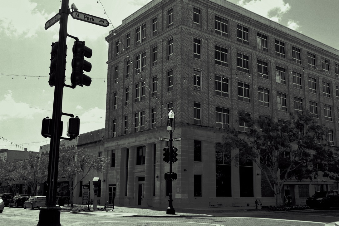 Black and white photo of a historic downtown Sanford building